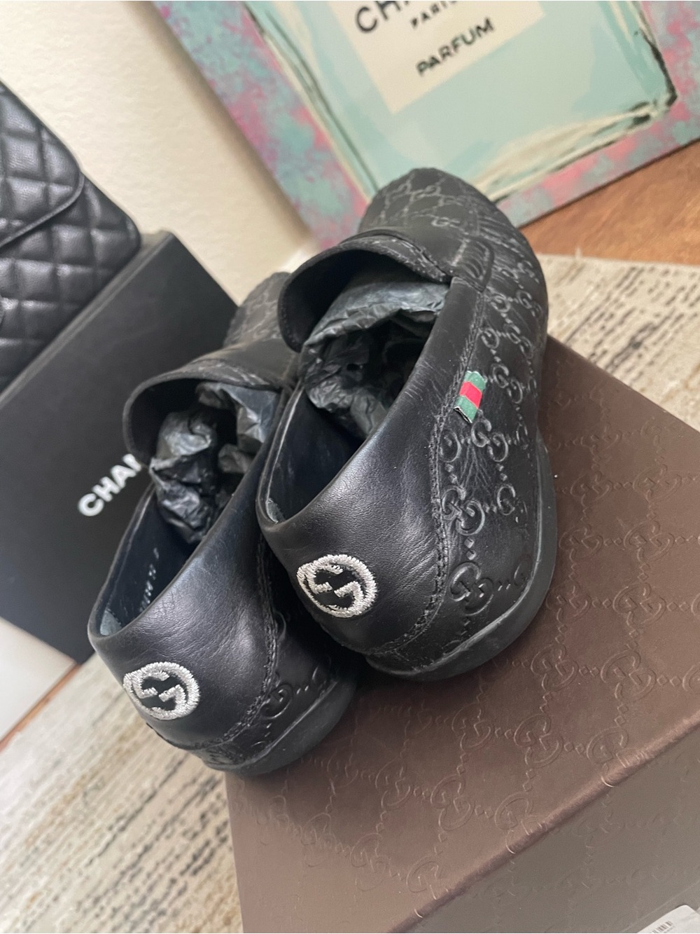 GUCCI Black Leather Guccissima GG Men's Loafers Made in Italy size 10 B
